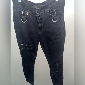 Black Denim Skinny Jeans With Straps and Zippers